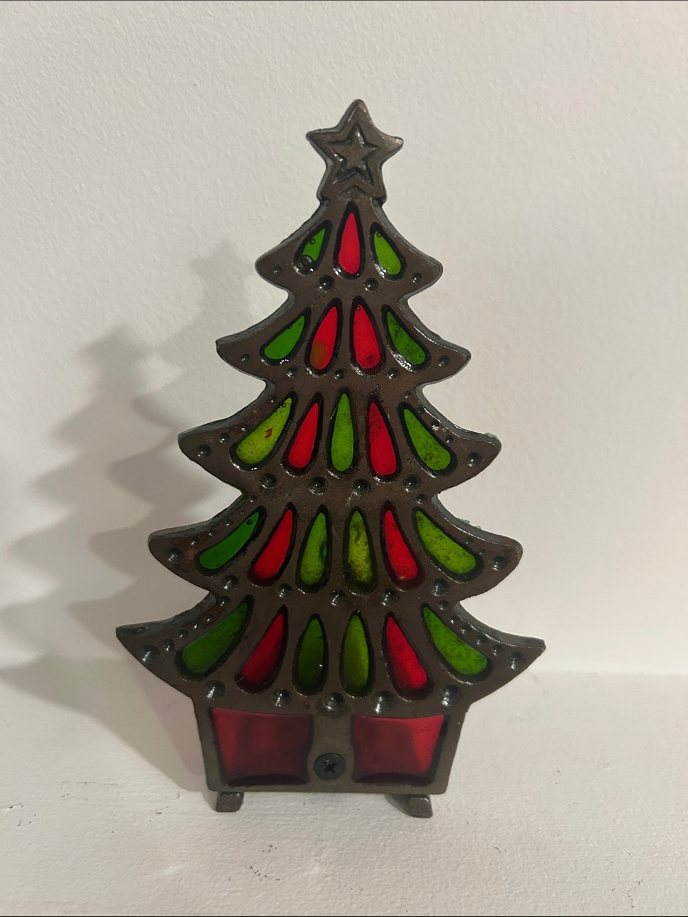 Cast Iron Stained-Glass Christmas Tree Candle Holder in Red and Green